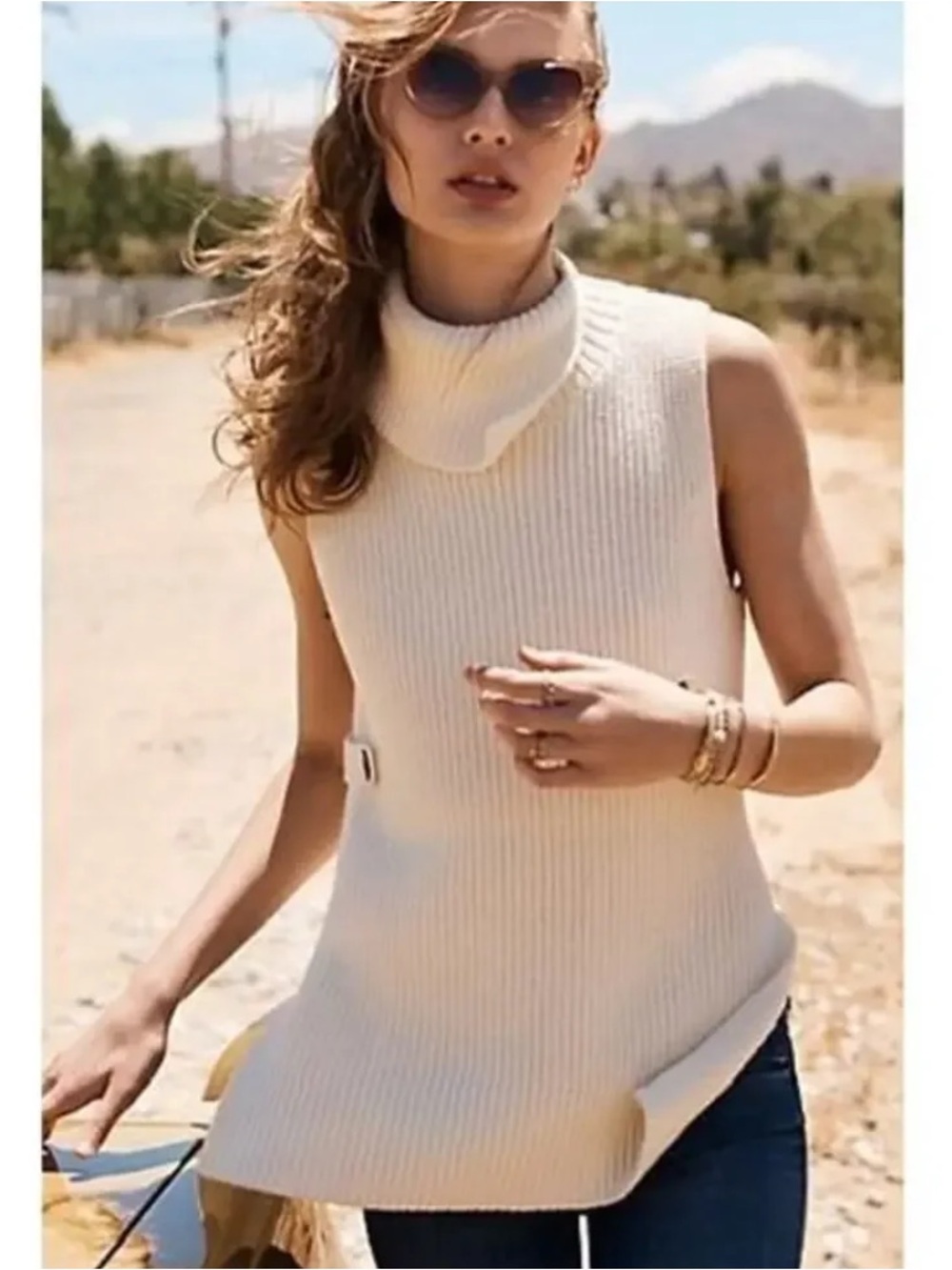 Anthropologie Cream Sleeveless Cowl Neck Ribbed Sweater